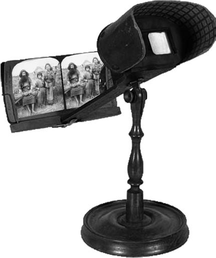 Stereograph viewer with Ainu family photo imposed.