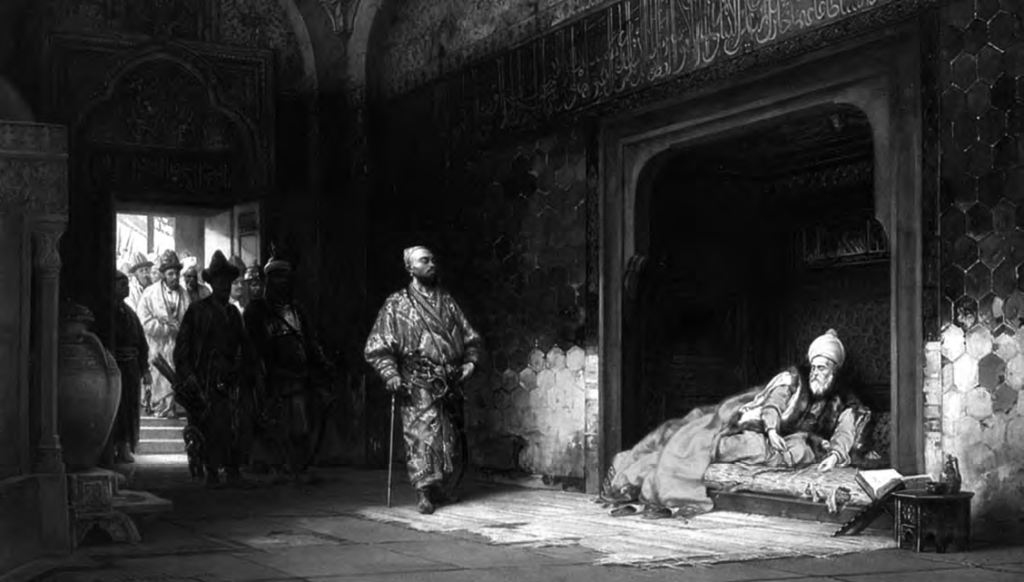 This painting shows imprisoned Ottoman Sultan Bayezit. Timur is the standing ﬁgure.