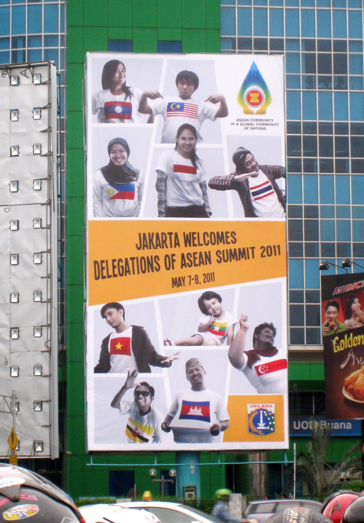 The billboard at Harmoni intersection in Central Jakarta “Jakarta Welcomes Delegations of ASEAN Summit May 2011.”