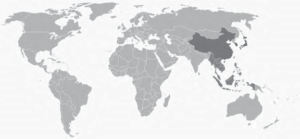 Map of the world with East Asia and Southeast Asia shaded in.