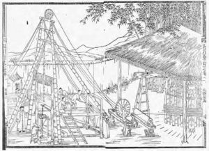 Late nineteenth-century drawing of well drilling in Ziliujing District, Sichuan Province, shows a large machine placed in the middle of the village. 