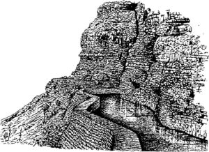 line drawing of a mountainside with a waterway