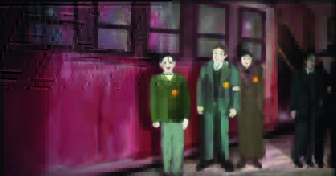 painting of people wearing jewish stars on their clothing