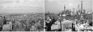 two photos of a city skyline