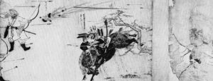 a man on a horse evades people shooting arrows at him