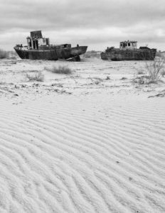 Rusting ships sitting on the bottom of what was the Aral Sea near Muynak, Uzbekistan.