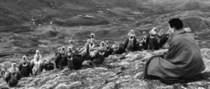 A man huddled in a blanket sits in front of a small army of buzzards that he cares for.