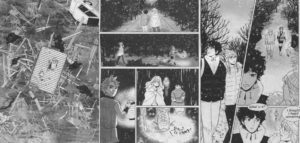 illustrations in a manga, depicting the destruction from the tsunami and some of the main characters walking together.