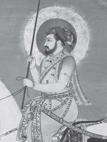 illustration of a man in elegant robes riding a horse, with a halo around his head