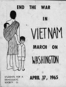 a flyer with a drawing of an adult holding a baby in a sling and holding the hand of a young boy. the text reads: "end the war in vietnam march on washington april 17, 1965 students for a democratic society"