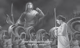 black and white photo of a woman in the background being worshipped as a woman holds a sword in front of her