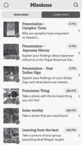 a screenshot of a missions tab, showing presentations on things like zodiac signs, camphor trees, and japanese history. 