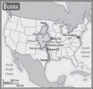 a map of the united states with the map of myanmar superimposed over it, in order to show how small it is