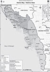map of the rakhine state, showing the bay of ebngal, the chin state, magway region, and bago region