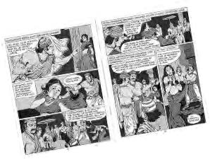 several panels showing a woman in a sari interacting with many military men