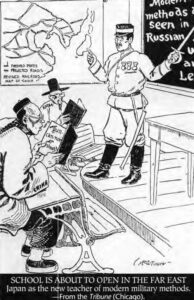 a man in uniform points to a board while men labeled china and korea look on