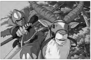 anime screencap of a boy with a bow and arrow on a deer/antelope animal