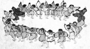 illustration of robed figures in a circle, dancing together, they look like a flock of birds in various stages of flapping their wings.