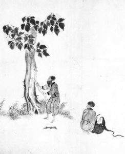 illustration of a man stripping bark from a tree 