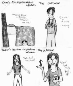 two illustrations, top and bottom. top is a sad person with the caption "china's reaction to western influence the outcome". The bottom is showing a happy girl with money, captioned "Japan's reaction to western influence the outcome"