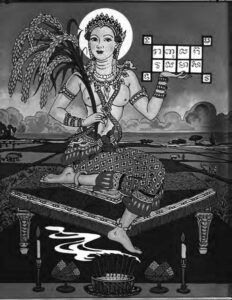 illustration of a goddess sitting in front of rice paddies with stalks of rice in her hand