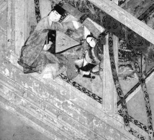 A painting portraying a man playing a musical instrument near a reclining woman. The scene takes place by an open window, with soft sunlight filtering through. The composition captures a moment of tranquility and perhaps a sense of shared enjoyment of music in a peaceful setting.