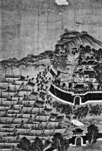 The painting shows many soldiers trying to land through the mountains to another place