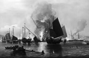 painting of a boat on fire