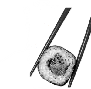 Image shows chopsticks holding sushi