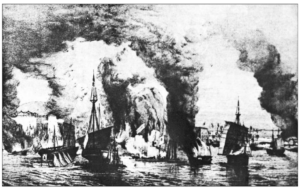 A naval battle in the river with thick smoke