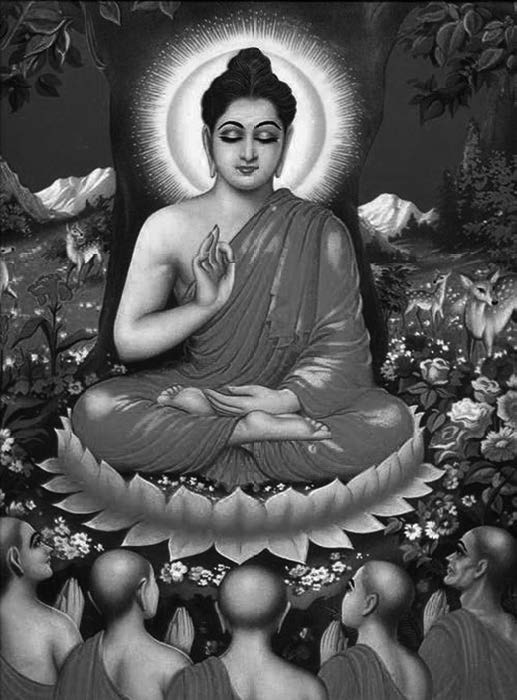 illustration of the buddha sitting and holding one hand up with the palm facing out, towards five robed ascetics